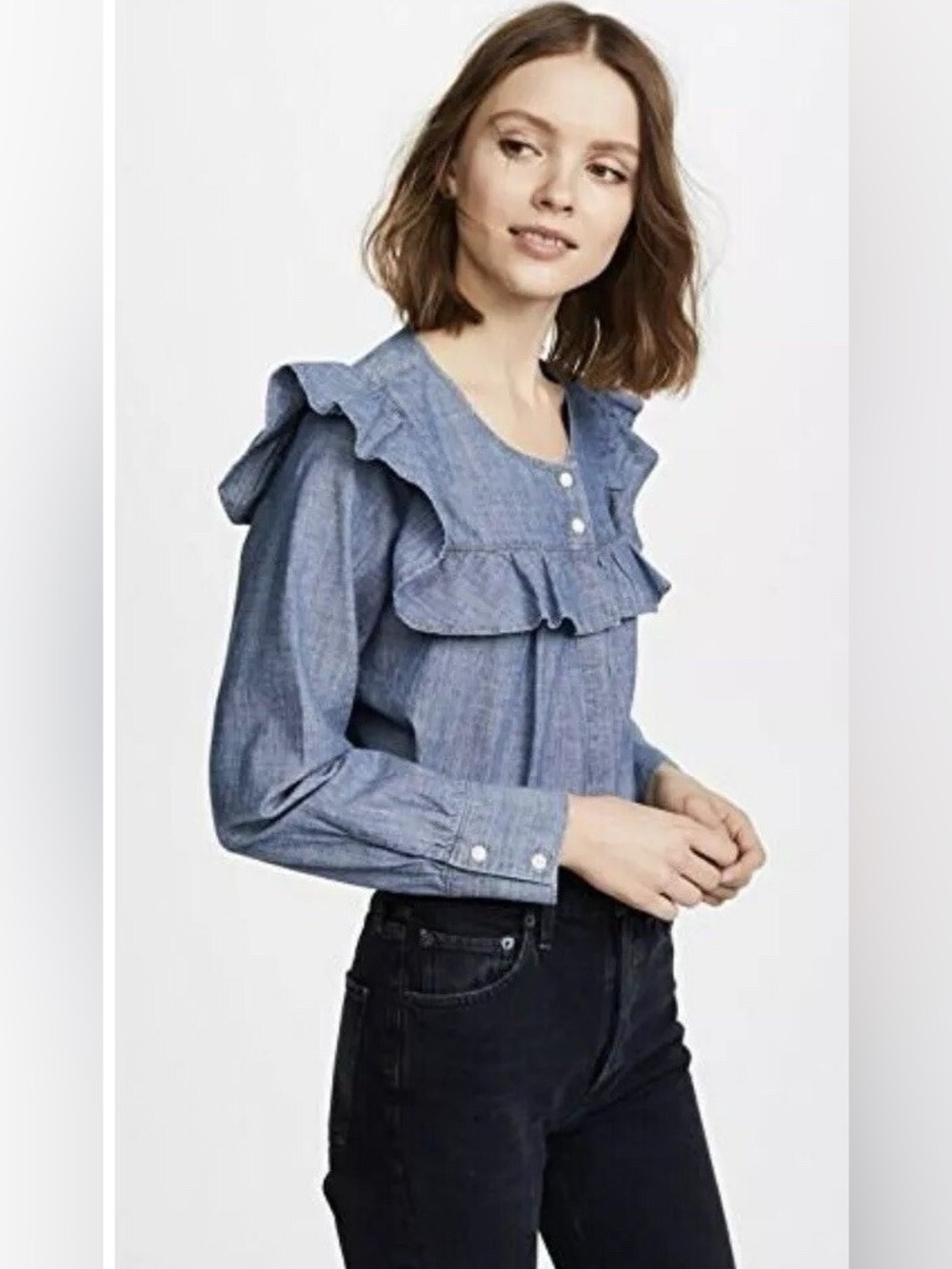 MADEWELL Chambray Ruffle Yoke Button-Front Top - Light Blue